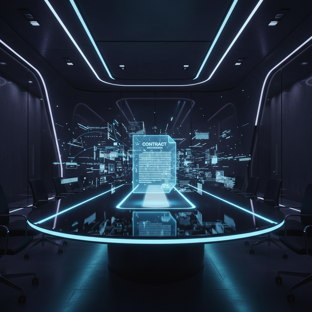 Proyección holográfica de un contrato digital sobre una mesa de juntas futurista en una oficina moderna con iluminación LED azul.
