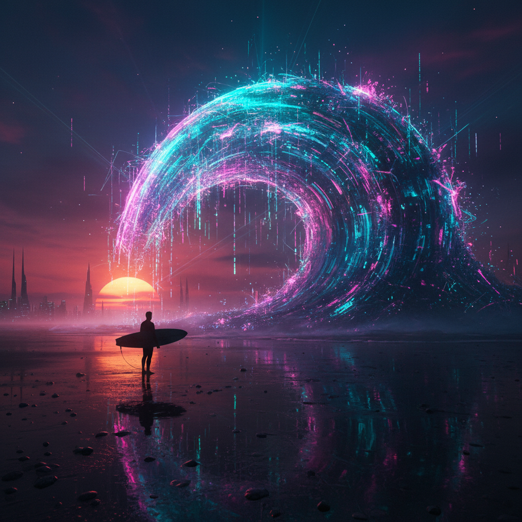 Silueta de un surfista con su tabla frente a una ola digital gigante y luminosa con colores neón en una playa al atardecer.