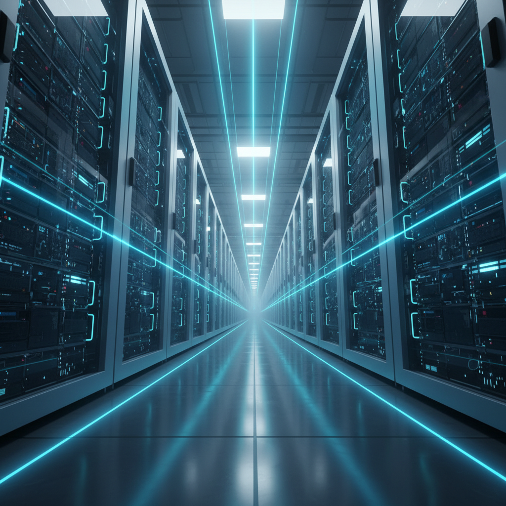 Pasillo de un centro de procesamiento de datos con filas de servidores iluminados por líneas de luz azul neón.