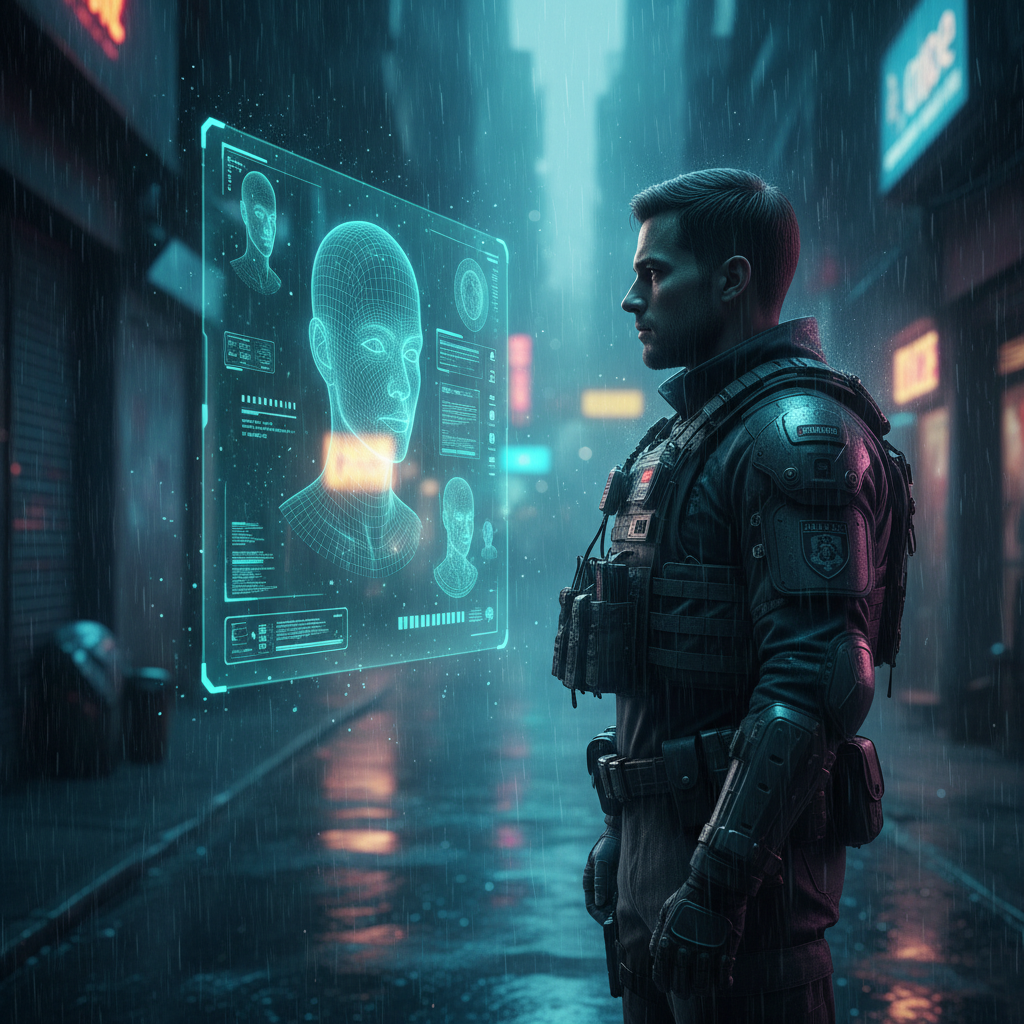Soldado táctico con equipo militar futurista observando una interfaz holográfica con un análisis facial en una calle lluviosa de estética ciberpunk.