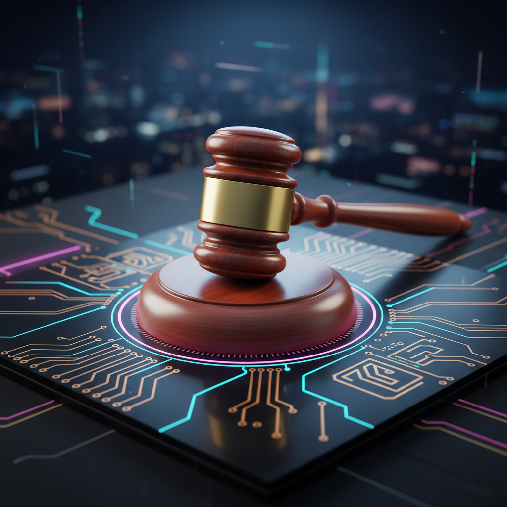 Un mazo de juez de madera con una banda dorada colocado sobre una placa de circuito electrónico con luces de neón.