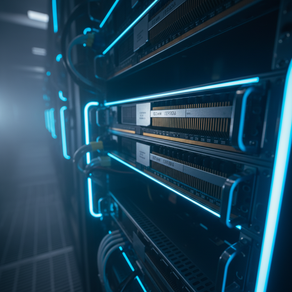 Servidores de alta tecnología en un centro de datos con iluminación LED azul y efectos de niebla.