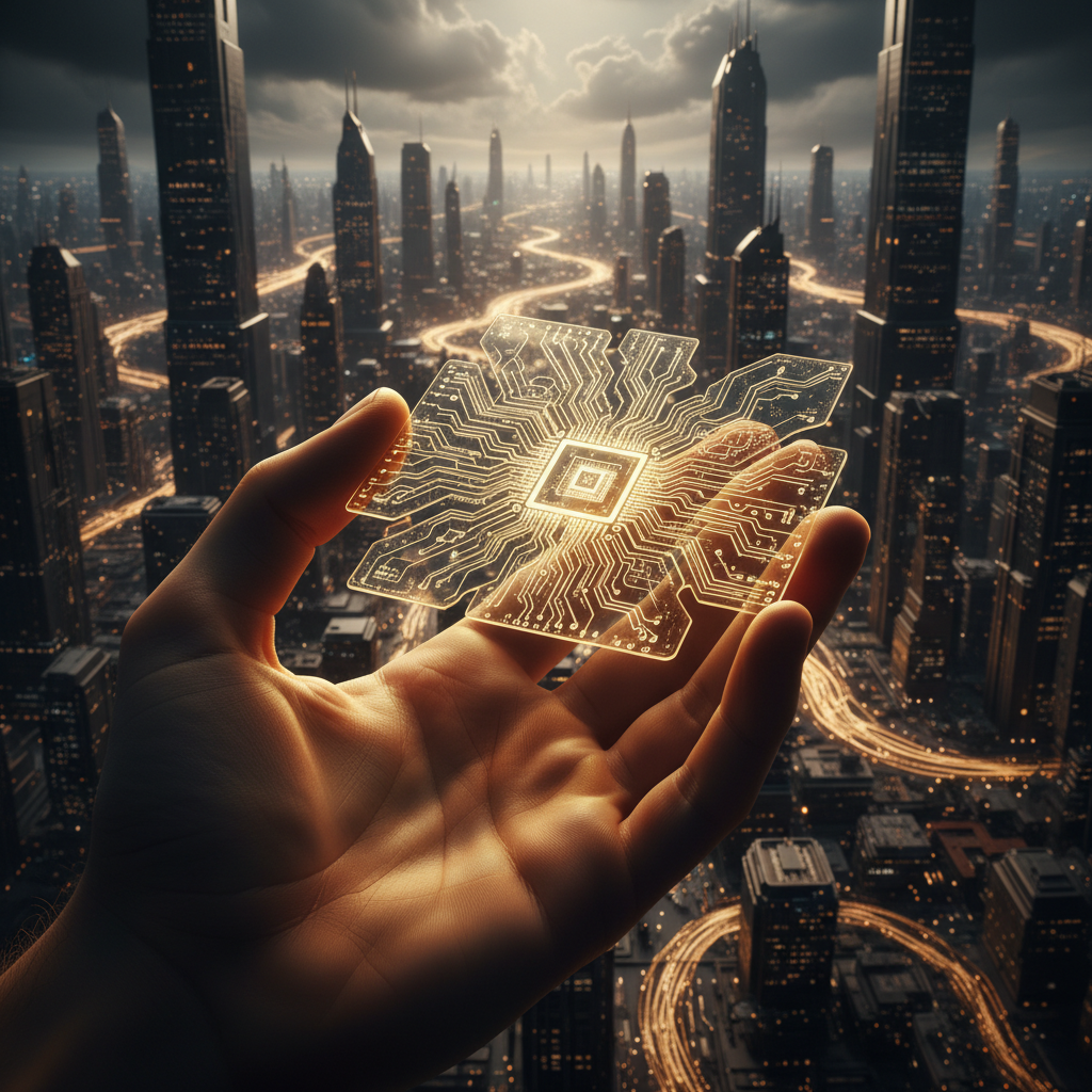 Mano sosteniendo un circuito electrónico digital brillante con forma de copo de nieve sobre una ciudad futurista iluminada.