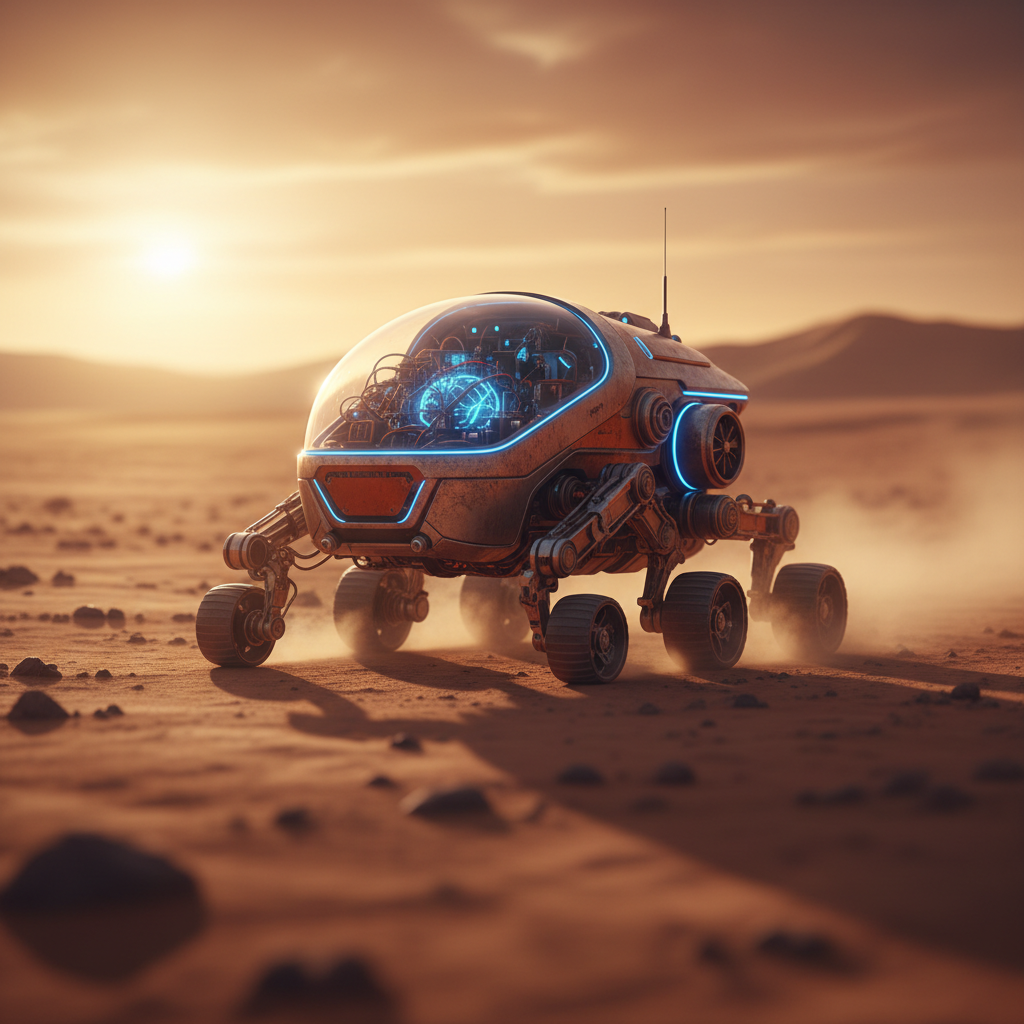 Vehículo explorador robótico futurista sobre la superficie desértica de Marte al atardecer.