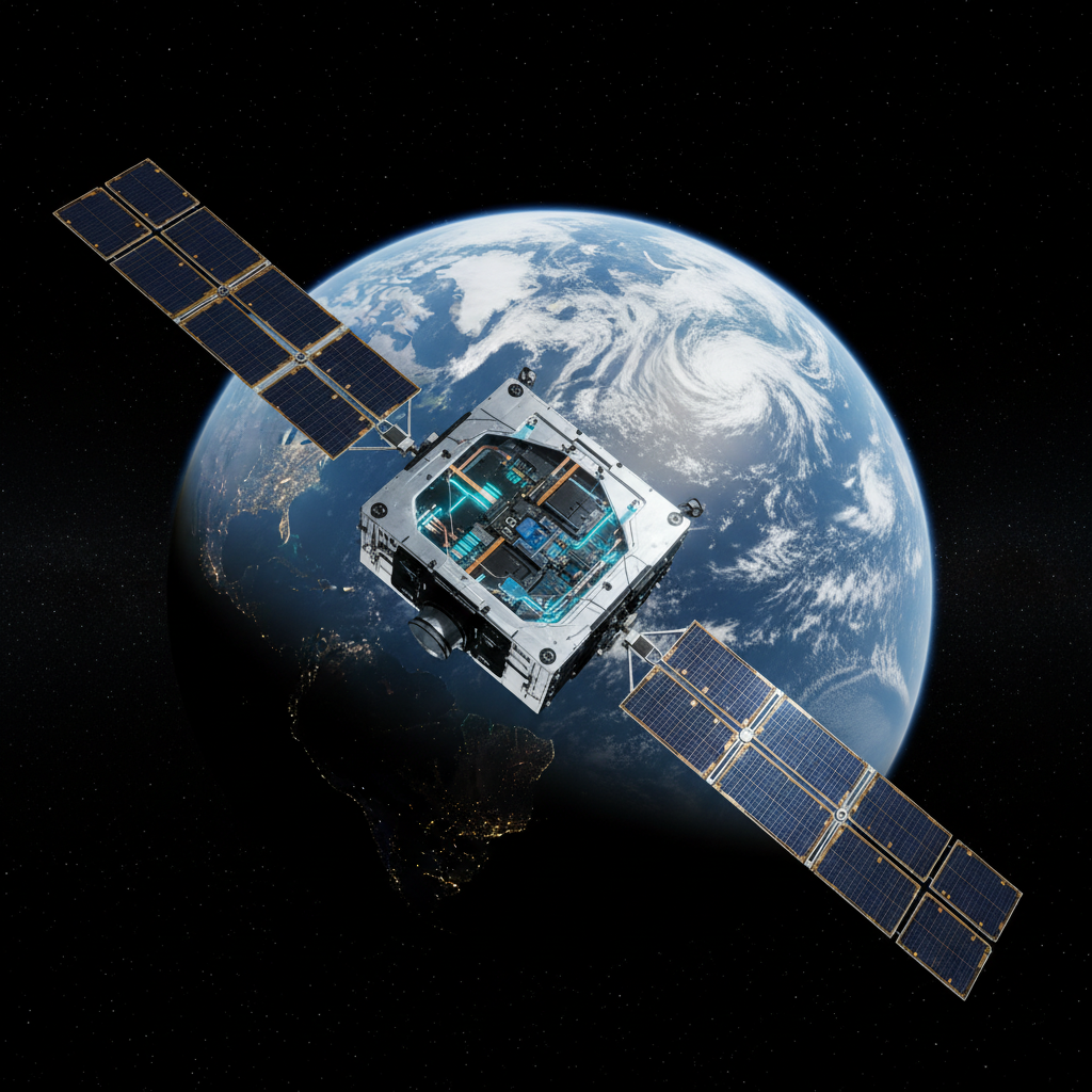 Satélite artificial en órbita frente a la Tierra con paneles solares desplegados y componentes electrónicos visibles.