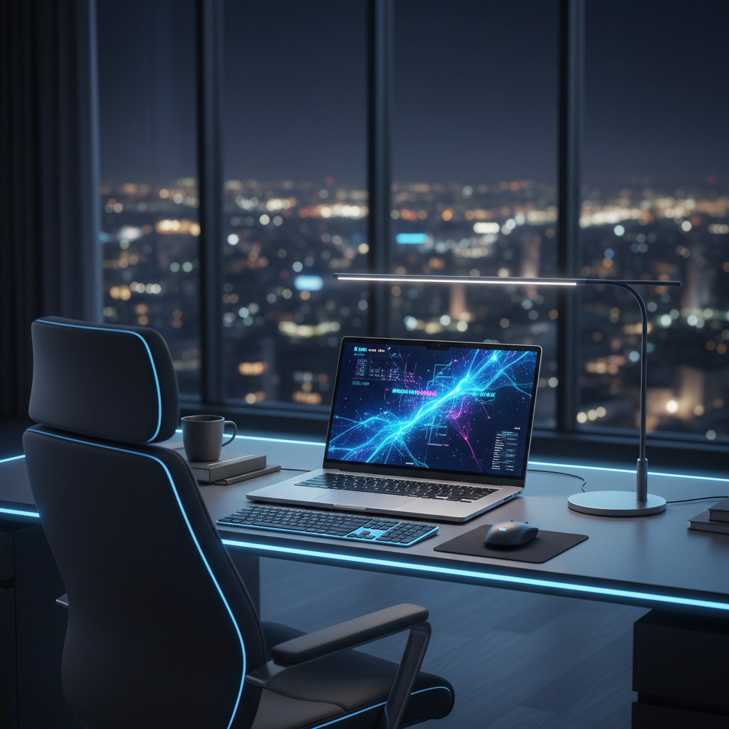 Escritorio de oficina moderno con portátil, teclado y lámpara LED frente a una ventana con vista panorámica de la ciudad iluminada de noche.