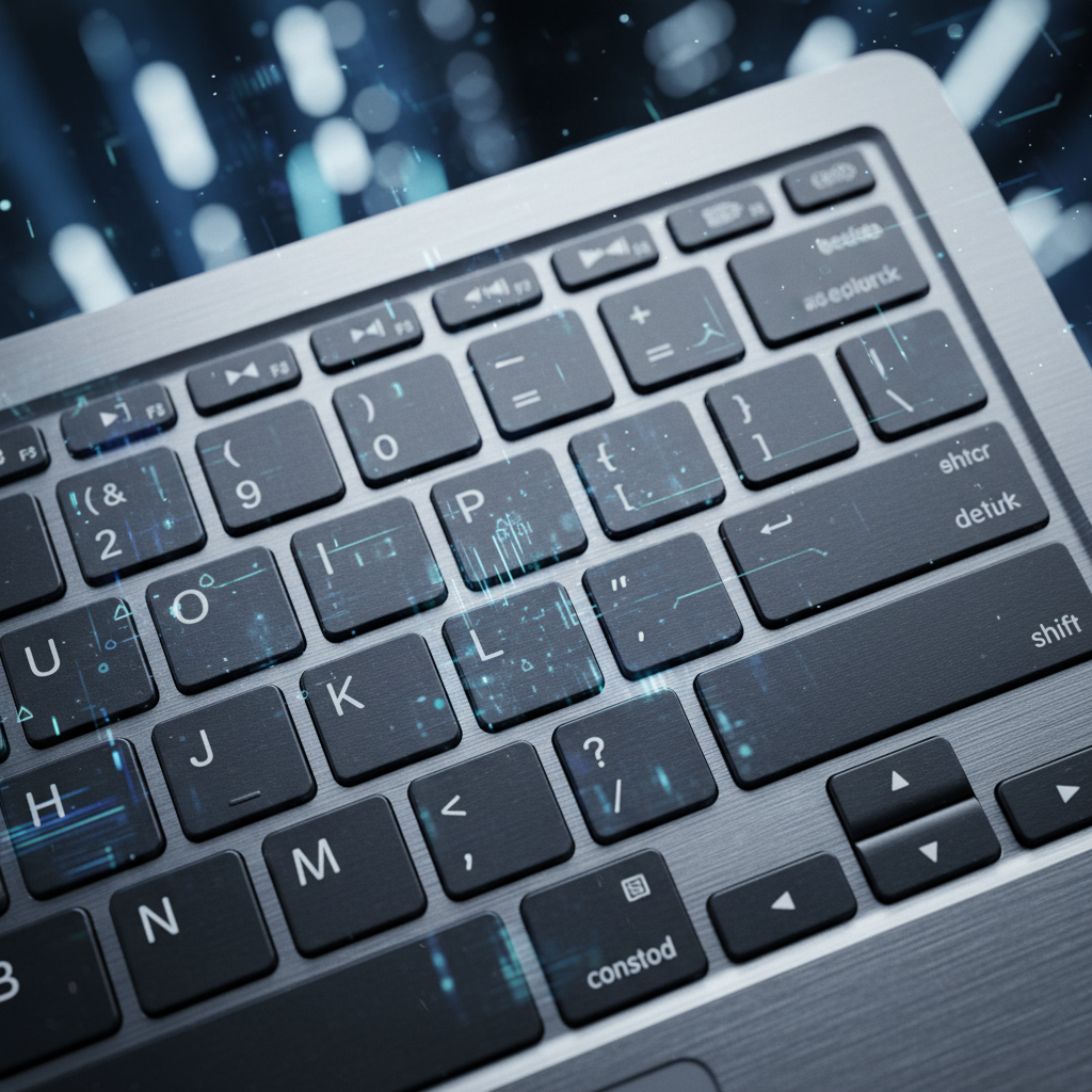 Teclado de ordenador portátil con teclas de estilo moderno y efectos digitales de datos superpuestos.