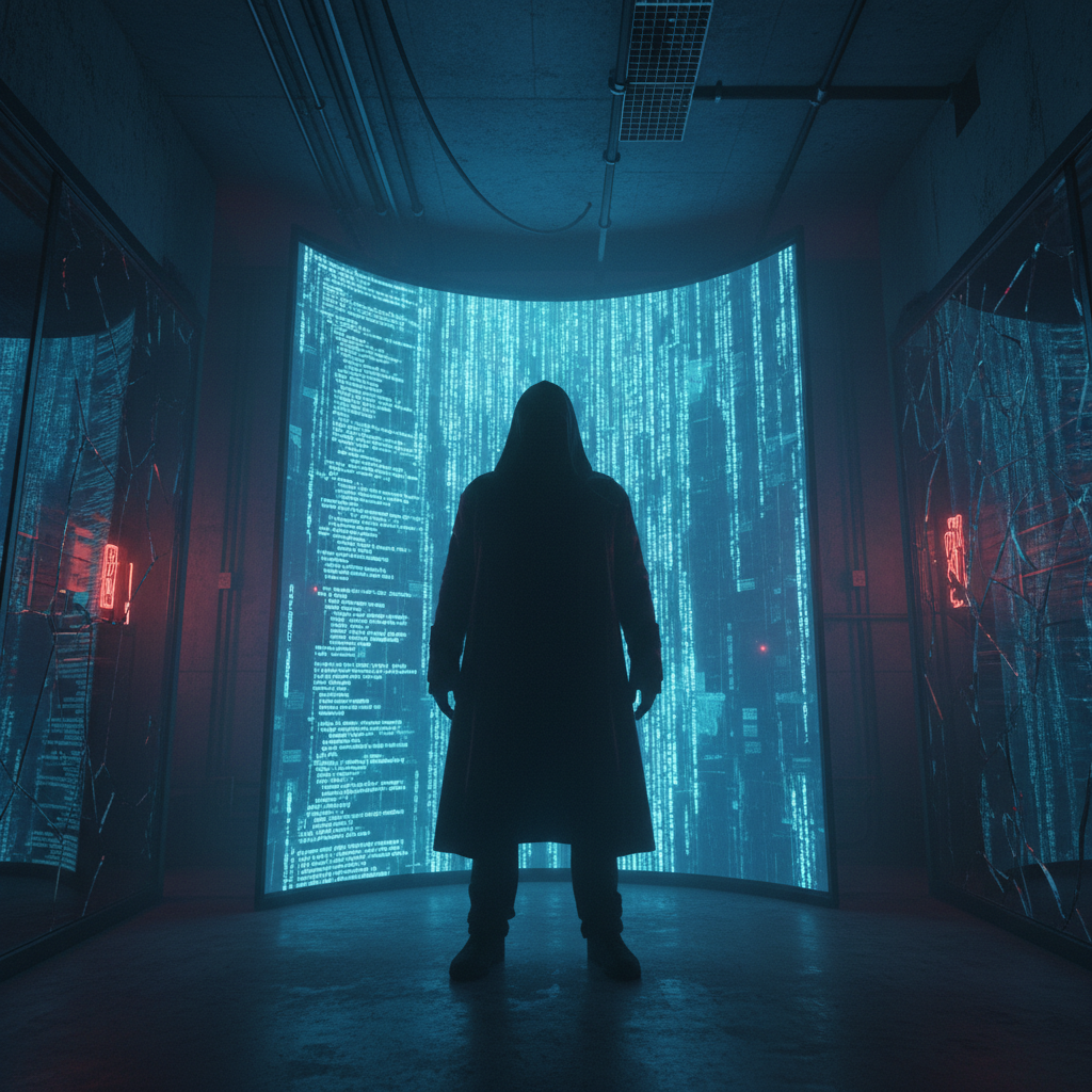 Silueta de una persona con capucha frente a una pantalla curva grande con código informático en un entorno oscuro y futurista.