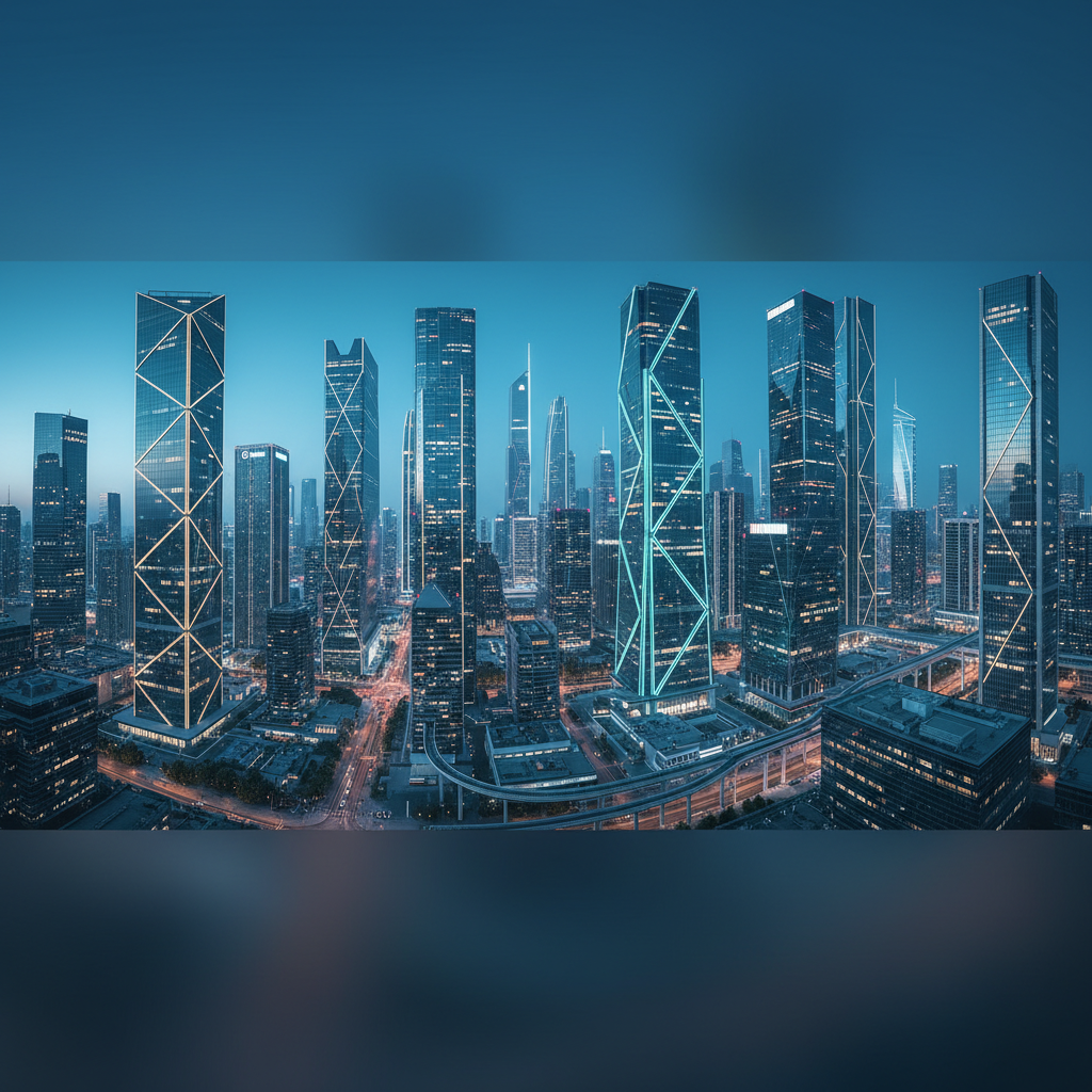Vista panorámica nocturna de una metrópolis moderna con rascacielos iluminados y estructuras geométricas de cristal.