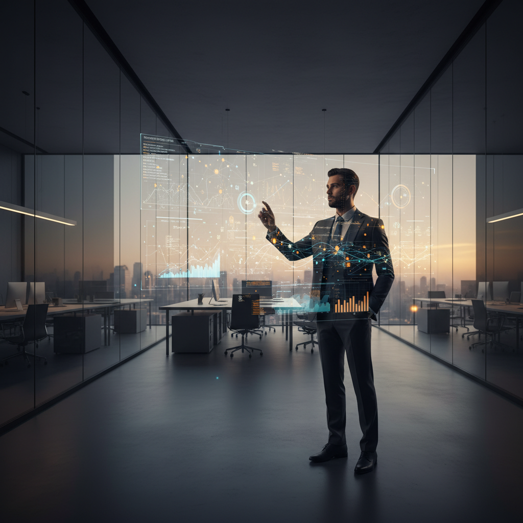 Hombre de negocios en oficina moderna interactuando con gráficos de datos holográficos digitales al atardecer.