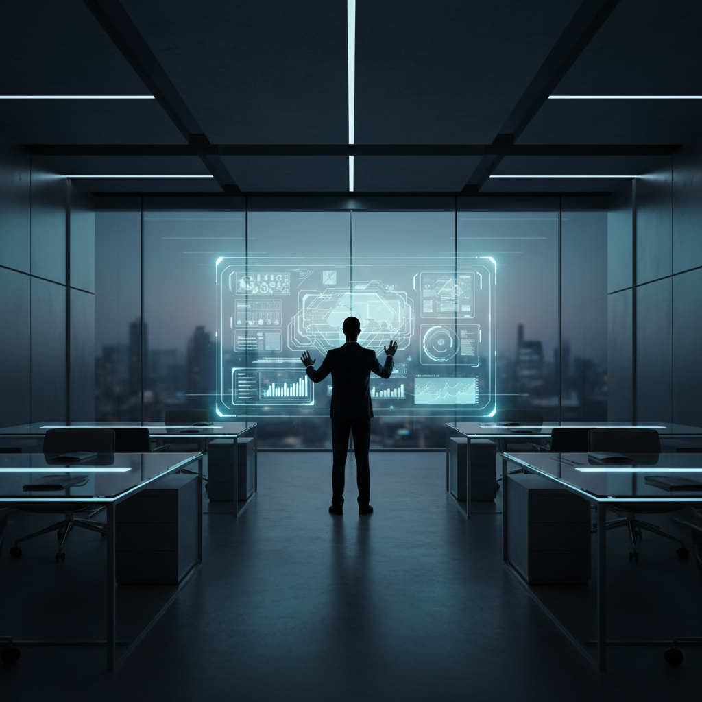 Silueta de un ejecutivo frente a una interfaz digital flotante con gráficos y datos en una oficina moderna con vista a la ciudad al atardecer.