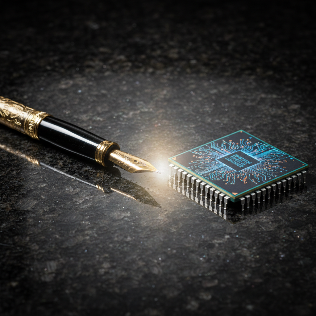 Pluma estilográfica dorada y negra junto a un microchip procesador sobre una superficie de piedra oscura.