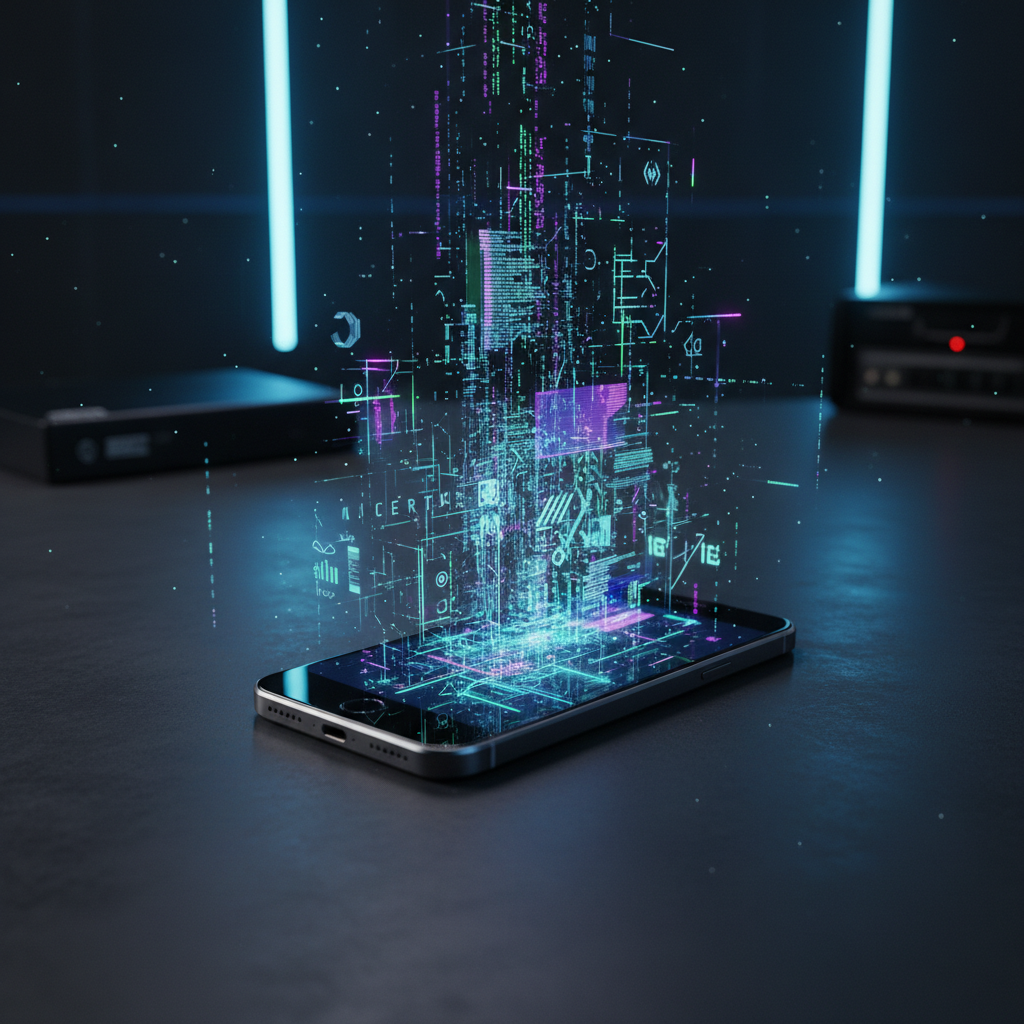 Smartphone sobre una superficie oscura proyectando una interfaz holográfica de datos digitales y códigos en azul y cian.