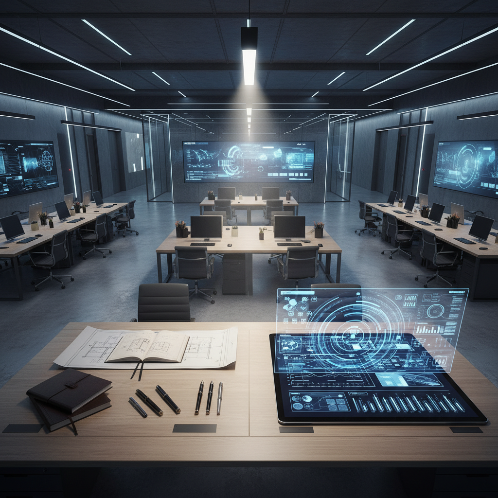 Oficina moderna de alta tecnología con escritorios organizados, pantallas holográficas y monitores digitales en un entorno corporativo.