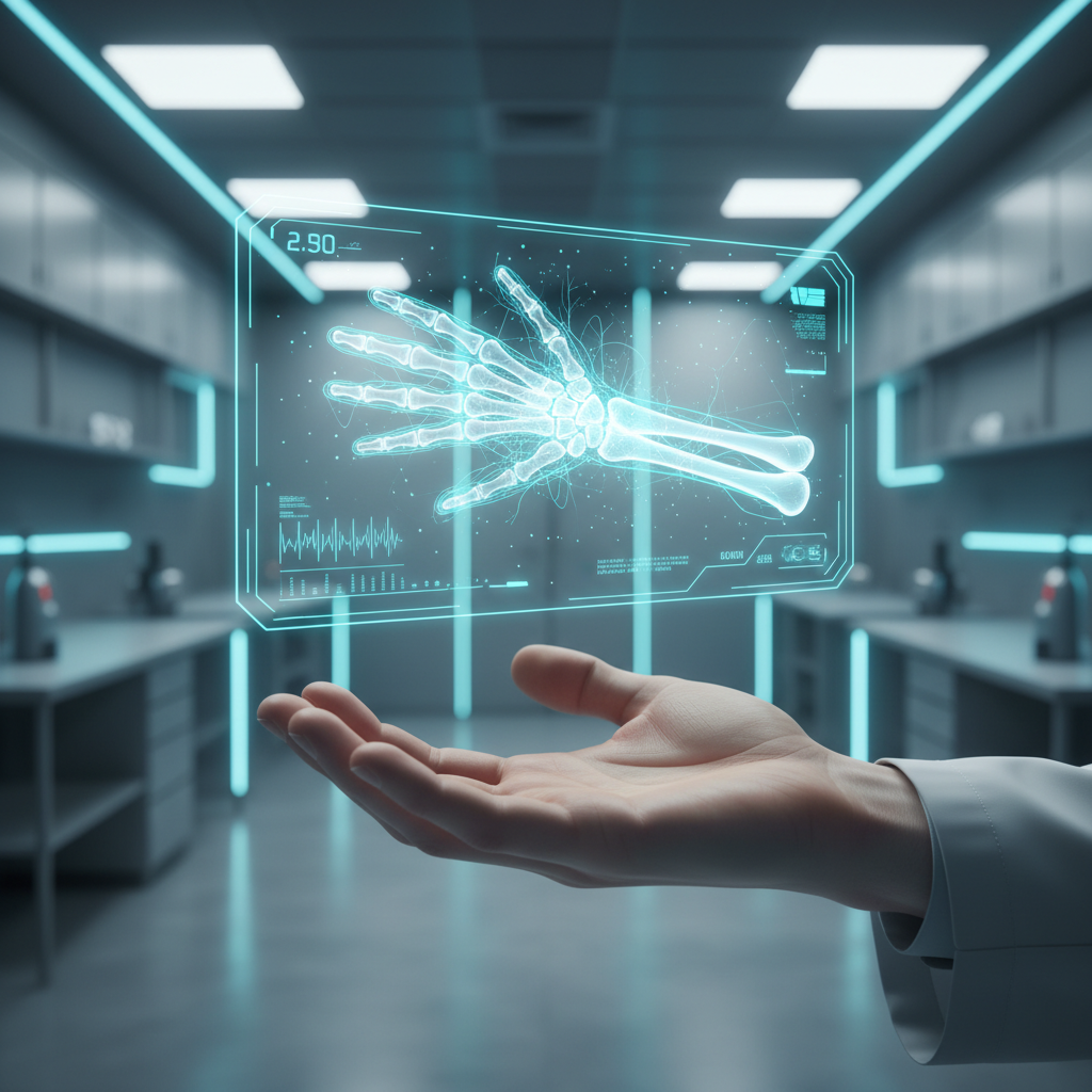 Mano de médico sosteniendo una interfaz holográfica digital con una radiografía de mano humana en un laboratorio clínico.