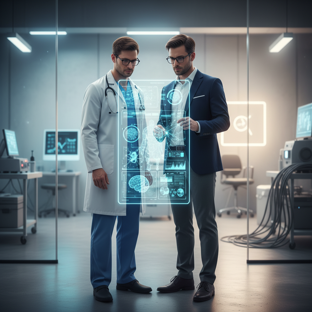 Un médico con bata blanca y un ejecutivo revisan datos médicos proyectados en una interfaz holográfica digital en un entorno de laboratorio moderno.