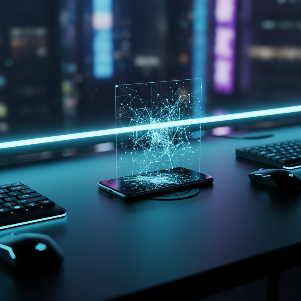 Un teléfono móvil sobre un escritorio proyectando una red de conexiones digitales holográfica en una oficina moderna.