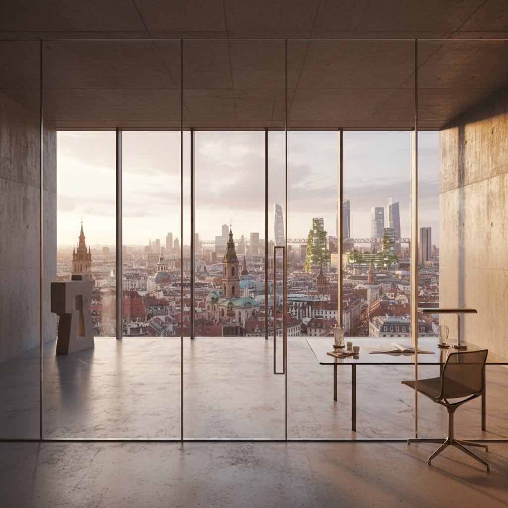 Despacho moderno de hormigón con grandes ventanales y vistas panorámicas a una ciudad europea con rascacielos.