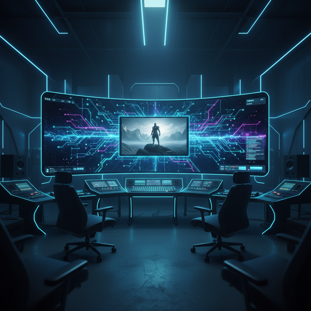 Centro de control tecnológico con monitores curvos, consolas de mezclas y sillas de oficina en una habitación con iluminación LED azul.