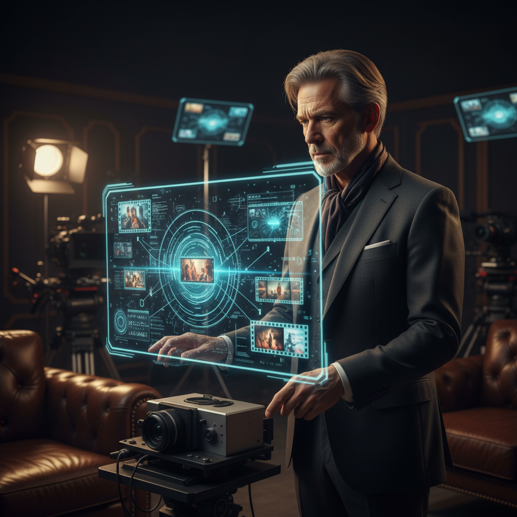 Un hombre con traje y bufanda interactúa con una interfaz holográfica digital en un estudio de grabación con cámaras.