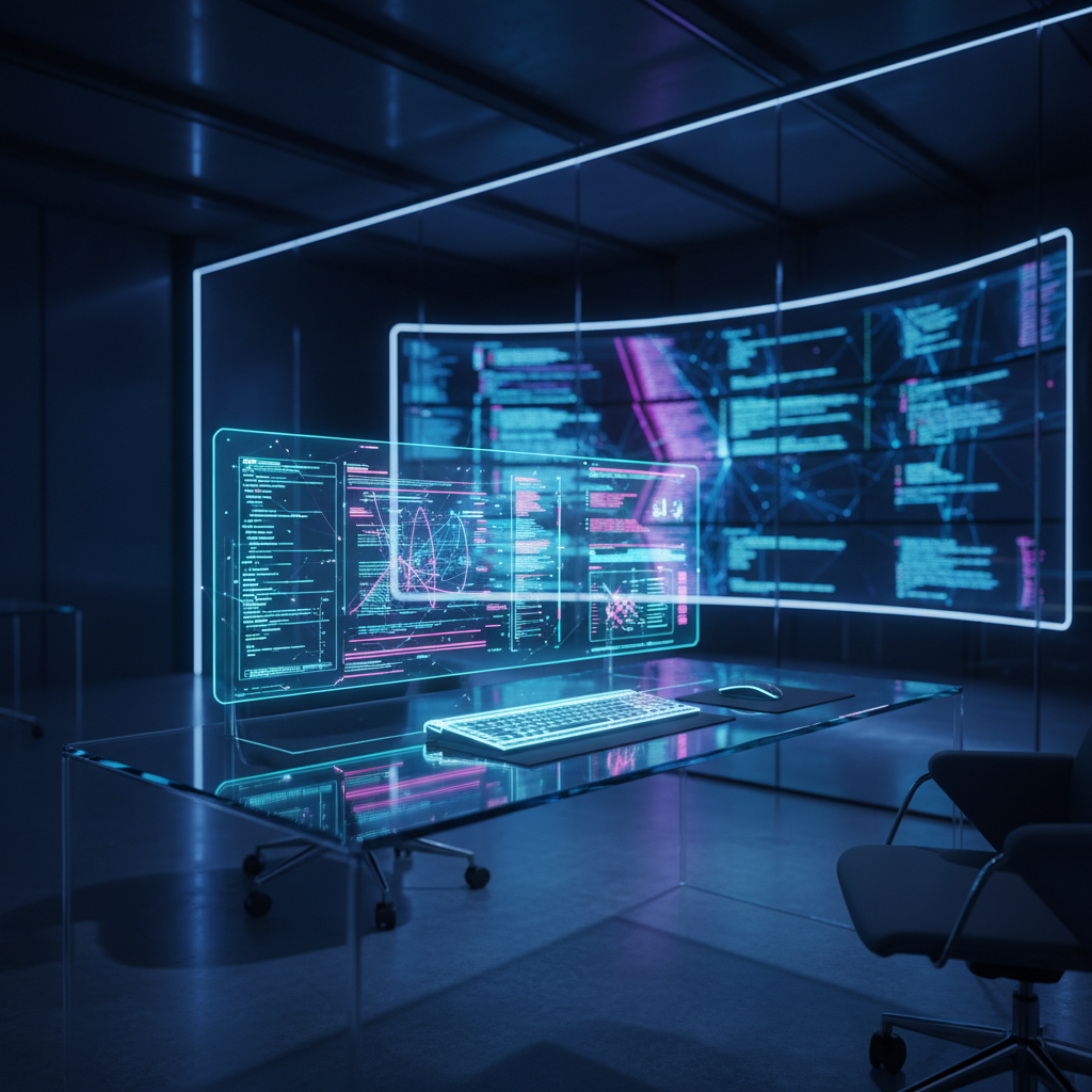 Escritorio moderno de oficina con una pantalla holográfica transparente que muestra código de programación y paneles de datos en una sala tecnológica.