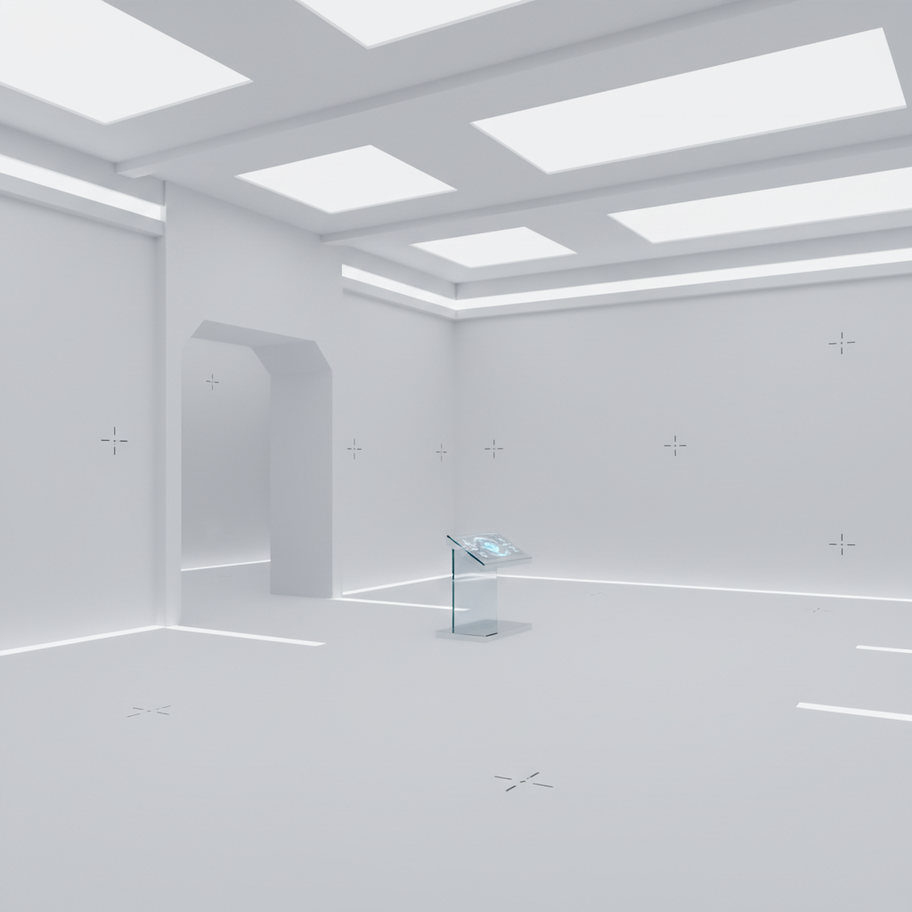 Espacio interior minimalista de estilo futurista con paredes blancas, iluminación integrada y un podio de cristal con pantalla digital en el centro.