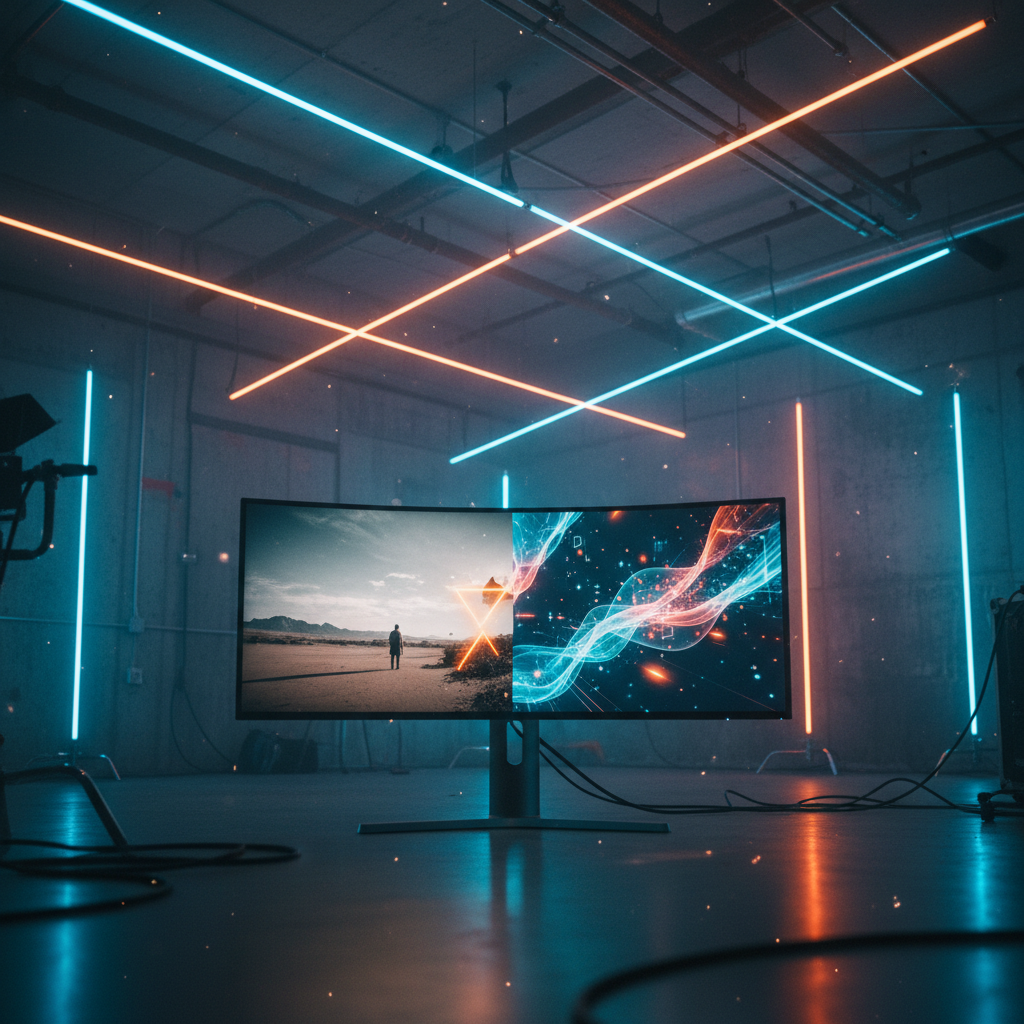 Monitor curvo ultra ancho en un estudio con iluminación de neón azul y naranja en el techo y paredes.