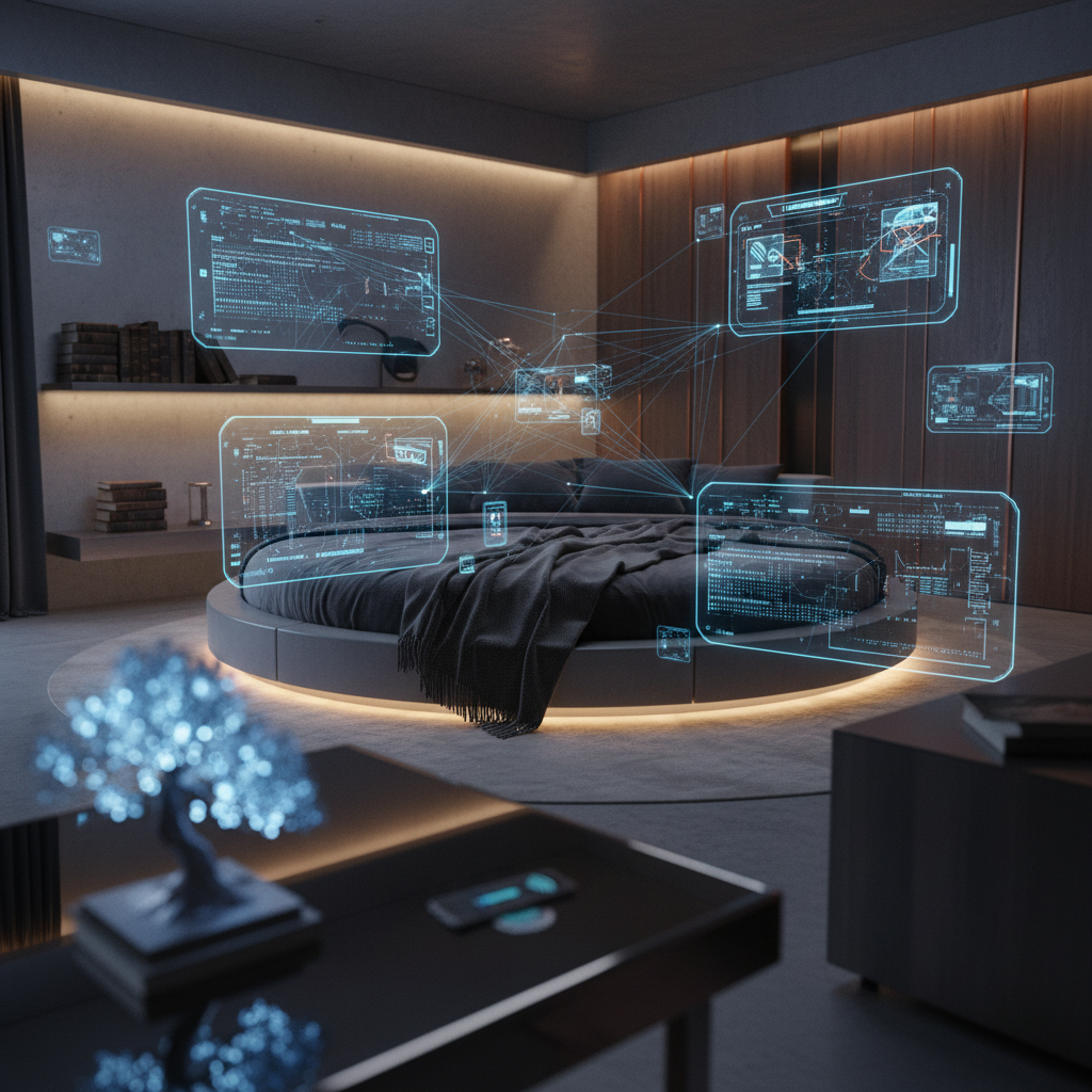 Habitación de diseño futurista con una cama circular y paneles de datos holográficos conectados mediante líneas digitales.