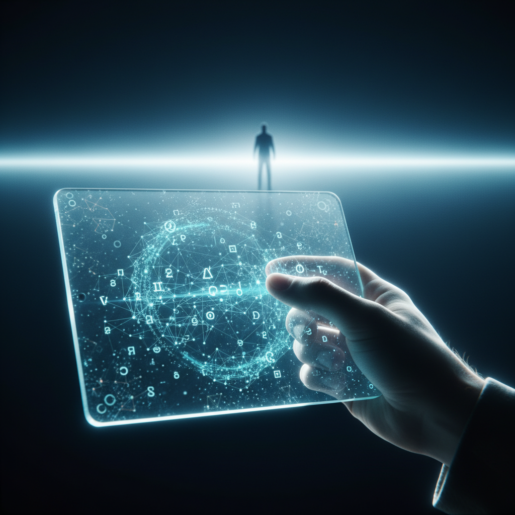 Mano sosteniendo una tableta digital transparente con una interfaz de red neuronal y datos holográficos frente a una silueta humana en un entorno futurista.