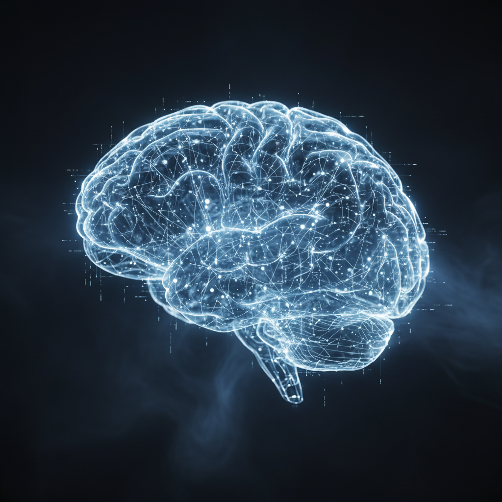 Representación digital de un cerebro humano conectado con nodos y redes de datos luminosos.