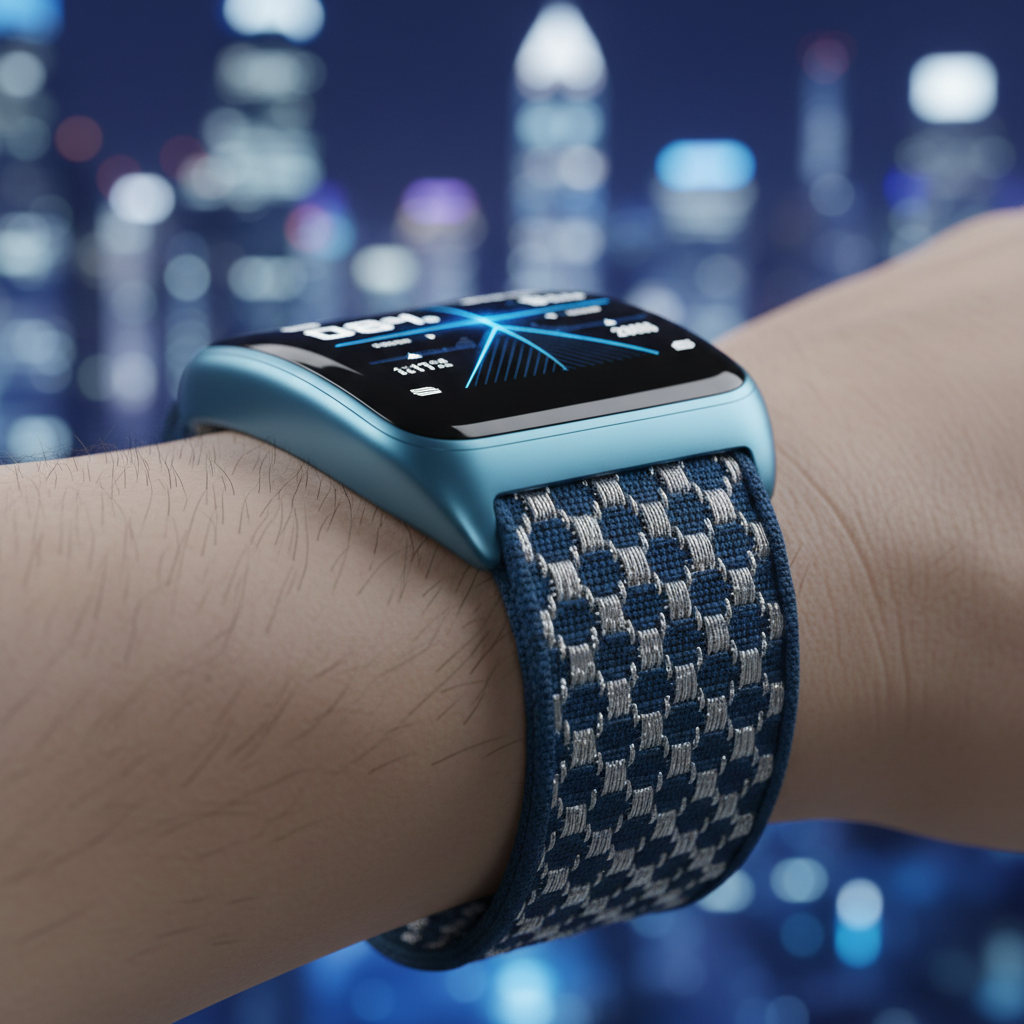 Reloj inteligente de color azul con correa tejida de patrón geométrico puesto en una muñeca sobre fondo de ciudad nocturna.