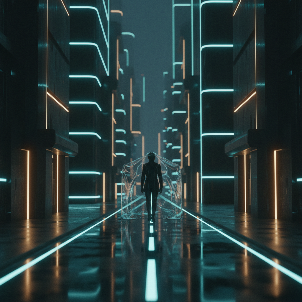 Persona solitaria caminando por un callejón urbano futurista con luces de neón azules y naranjas sobre un pavimento mojado.