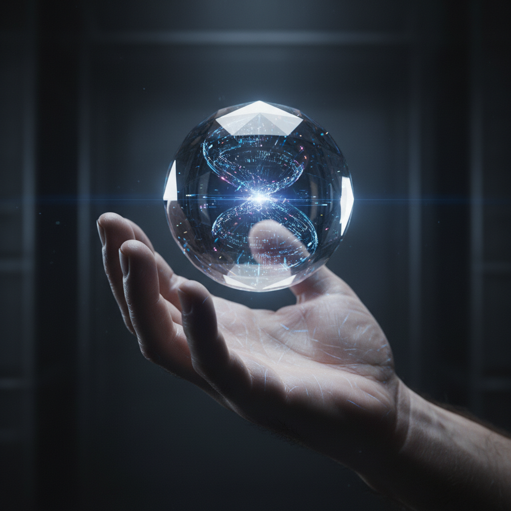 Mano sosteniendo una esfera de cristal futurista que contiene un núcleo de luz con patrones de datos digitales.