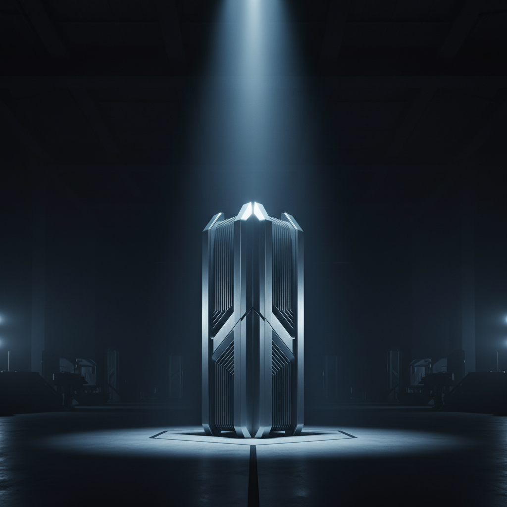 Estructura metálica tecnológica e iluminada sobre una base hexagonal en una estancia oscura.