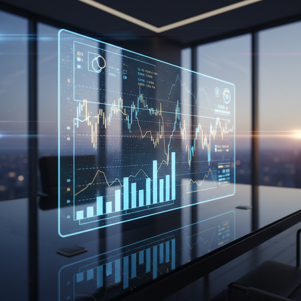 Pantalla holográfica flotante sobre una mesa de oficina con gráficos financieros y datos de mercado.