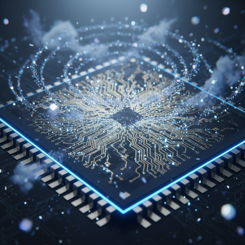 Procesador de computadora con circuitos dorados y efectos de luz digital brillante.