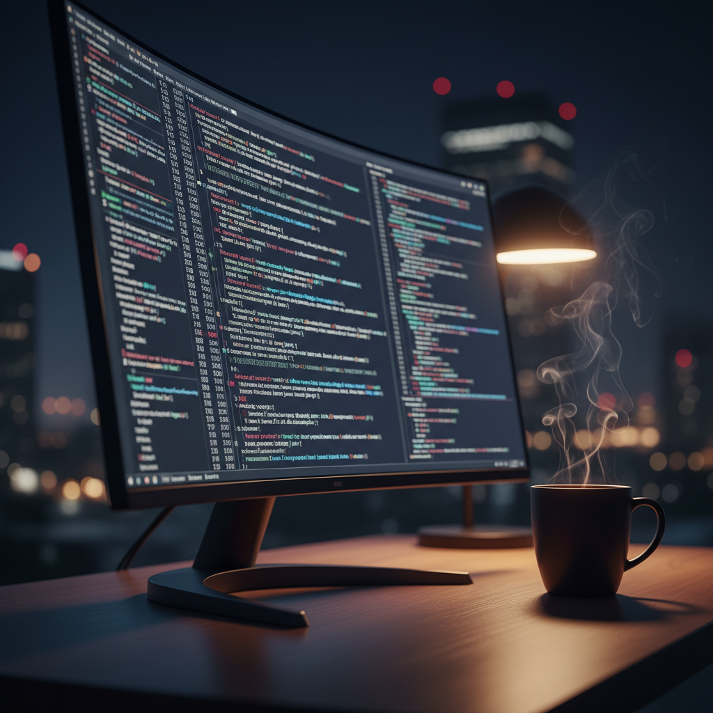 Monitor de computadora con código de programación y una taza de café humeante en un escritorio durante la noche.