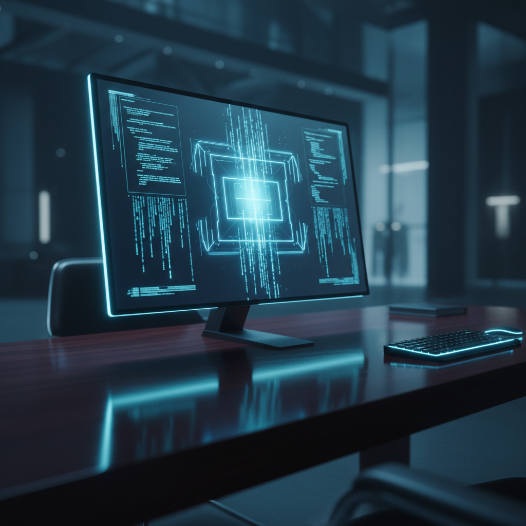Monitor de ordenador sobre un escritorio oscuro mostrando una interfaz gráfica con códigos y datos digitales en tonos cian.