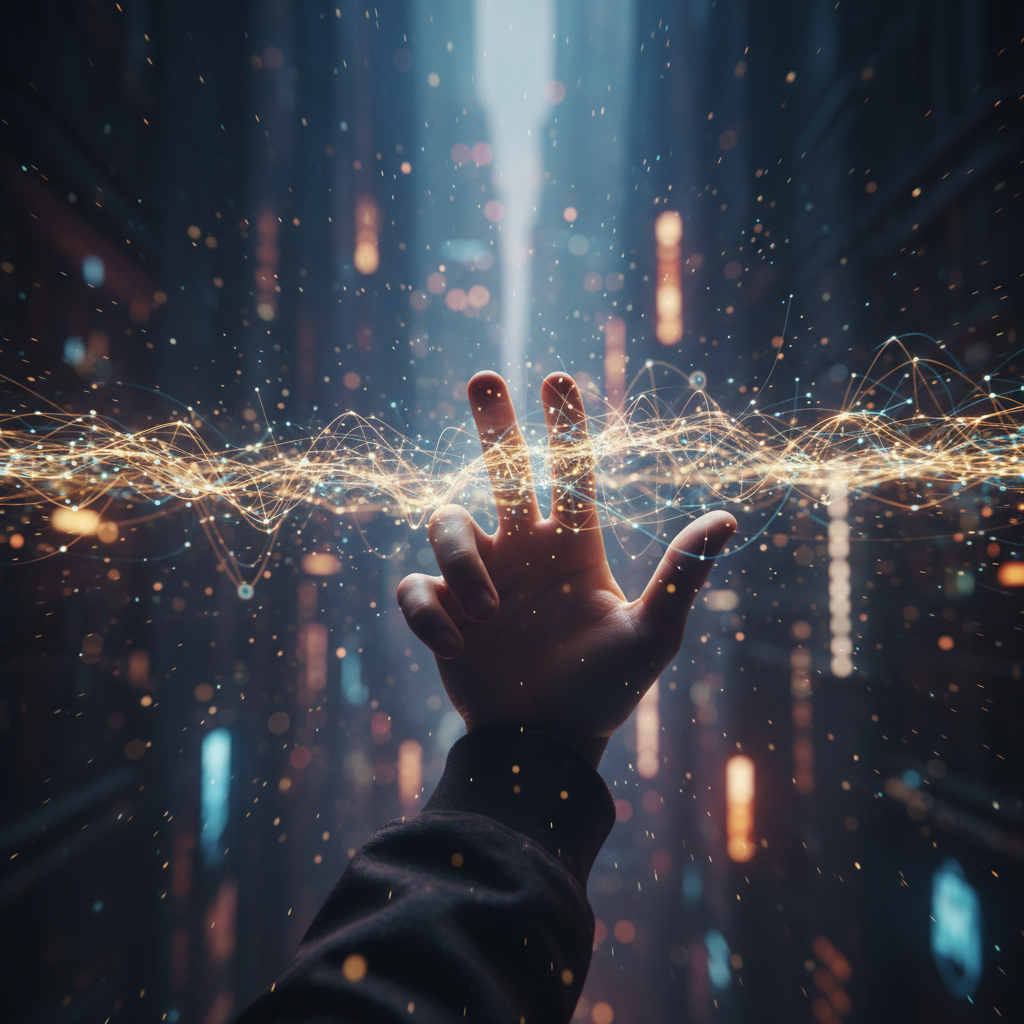 Mano humana interactuando con una red de datos luminosa y conexiones digitales en un entorno urbano futurista.