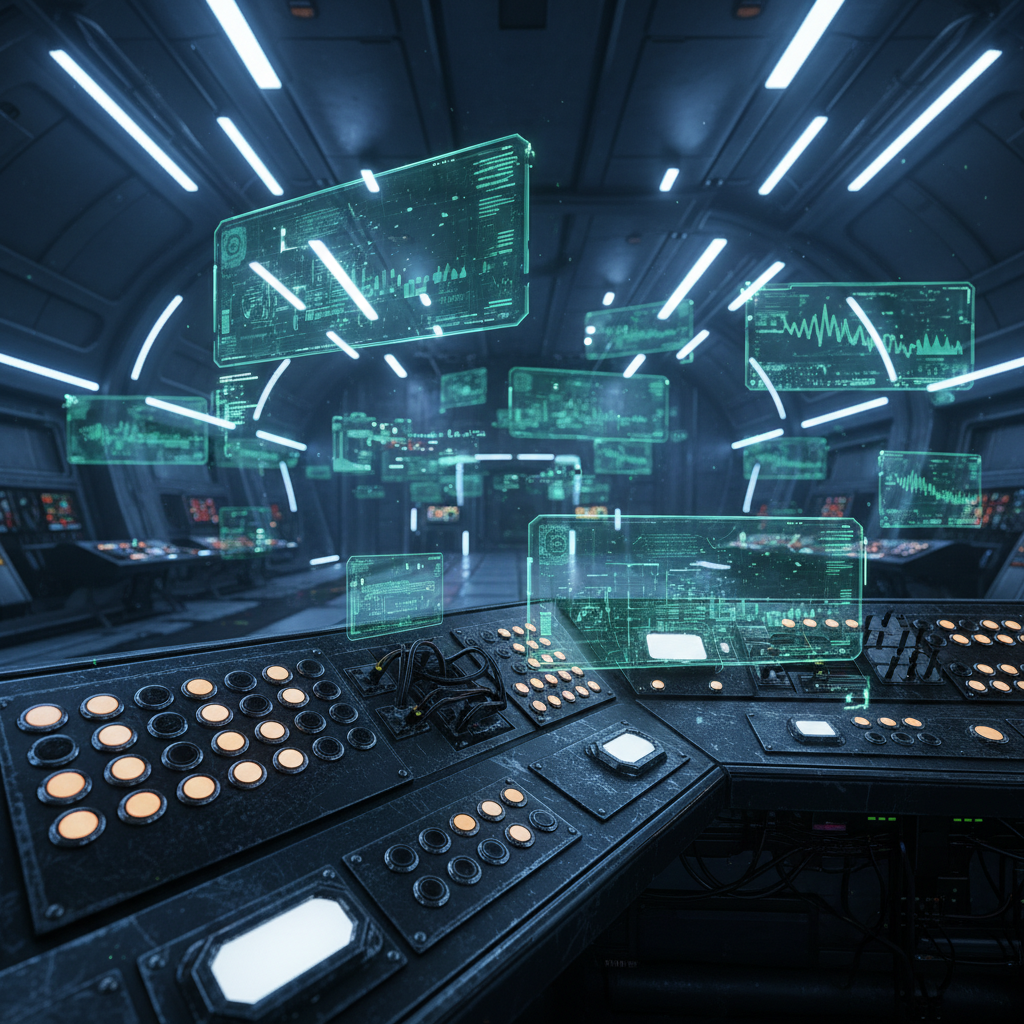 Consola de control de una nave espacial futurista con paneles holográficos de datos y luces de mando.