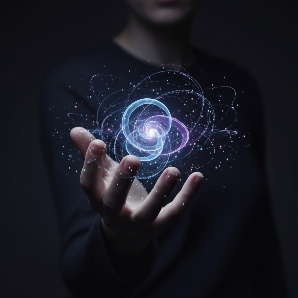 Una mano abierta sosteniendo una esfera de luz brillante con anillos orbitales y partículas flotantes en un fondo oscuro.