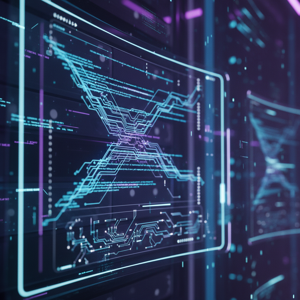 Interfaz digital futurista con gráficos de circuitos electrónicos y flujos de datos sobre un fondo de servidor.