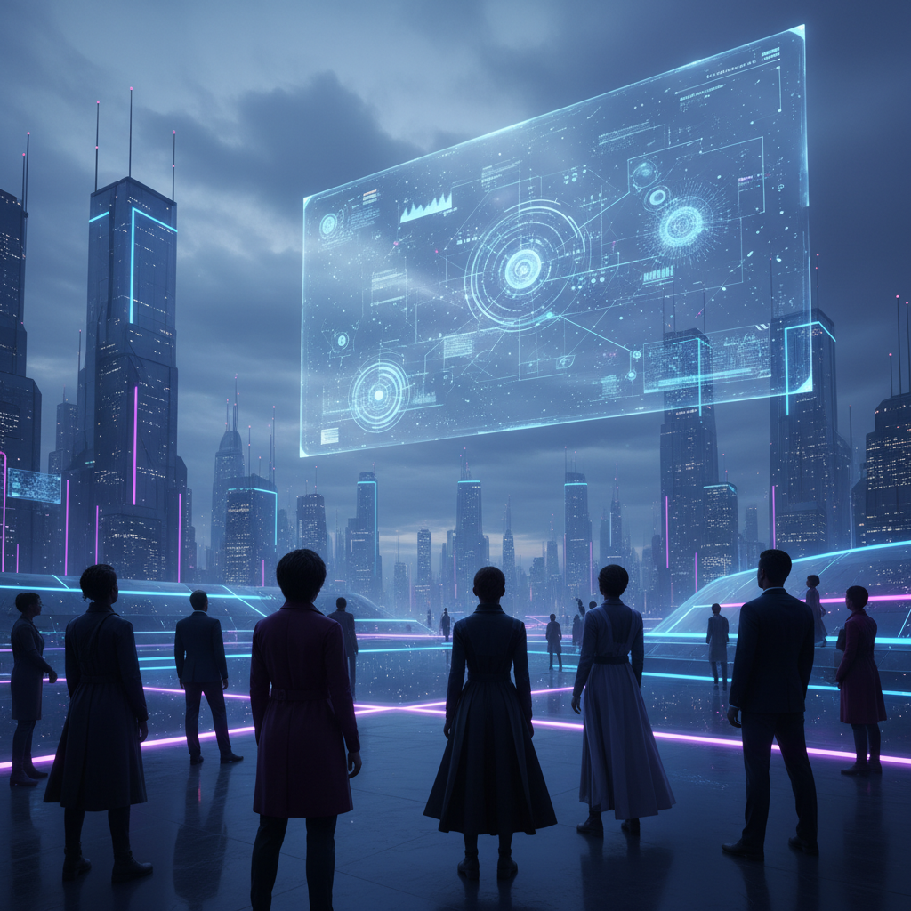 Personas observando una pantalla digital holográfica con datos y gráficos en una ciudad futurista al atardecer.