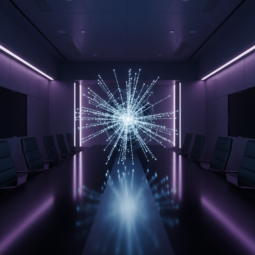 Sala de juntas moderna y futurista con una representación tridimensional de datos conectados en forma de red sobre una mesa oscura.