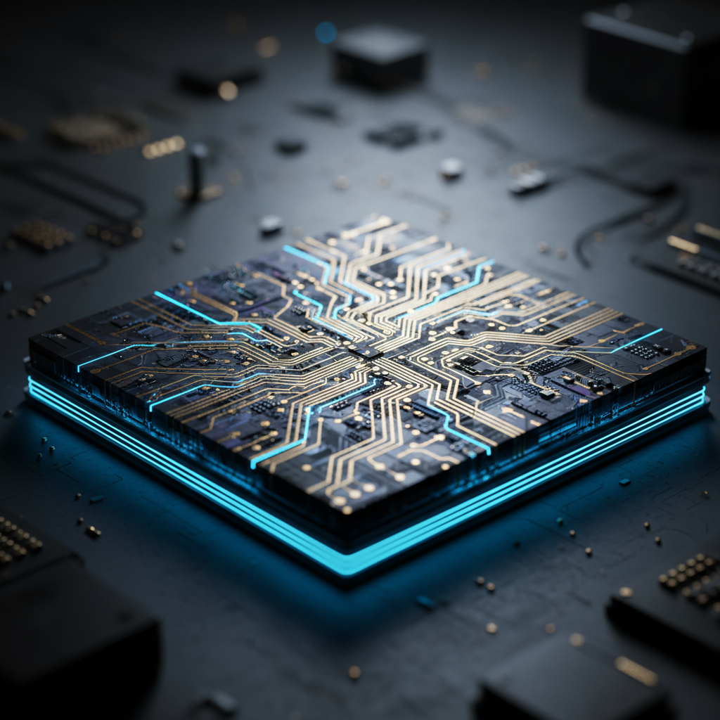 Un procesador de computadora con circuitos dorados detallados y bordes iluminados con luz azul neón sobre una placa base oscura.