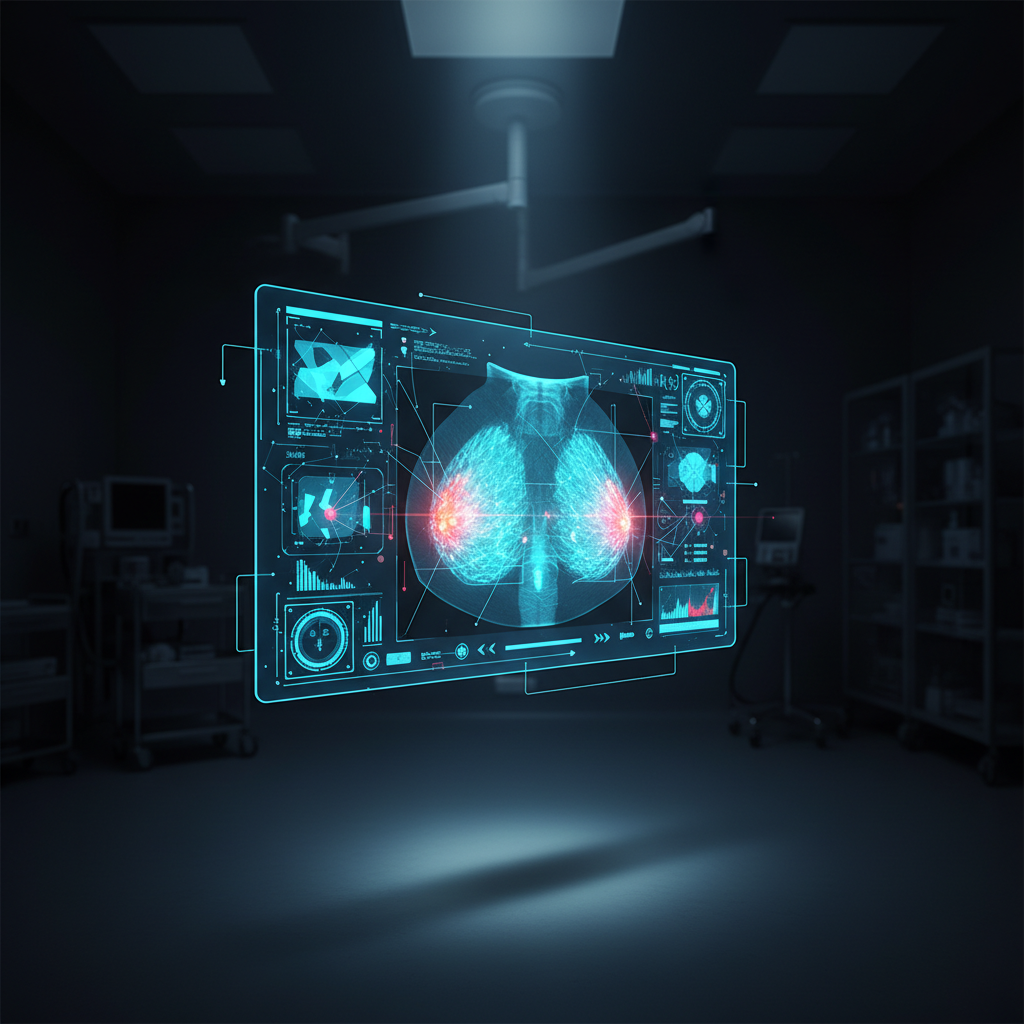 Visualización holográfica de una mamografía con análisis de datos médicos en un entorno clínico.