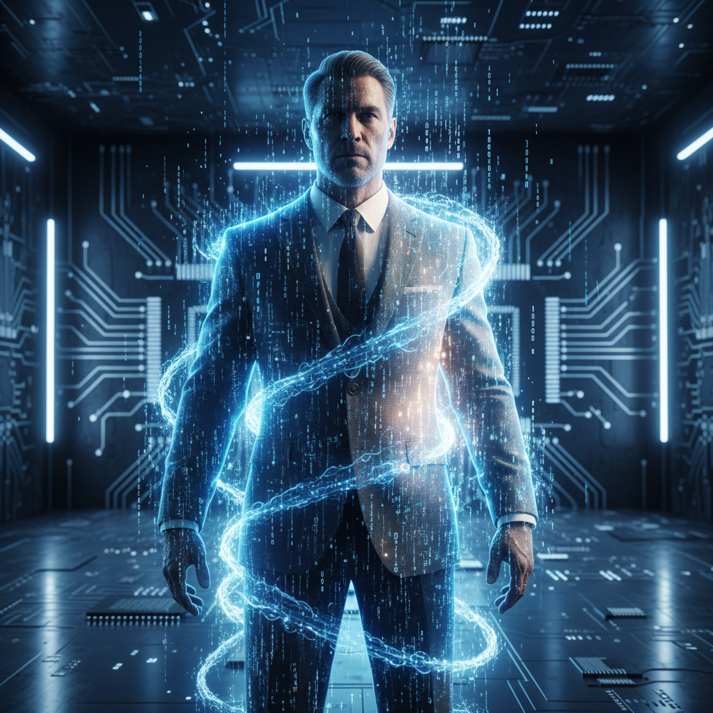 Hombre de negocios con traje rodeado de un aura de datos digitales y circuitos en un entorno tecnológico.