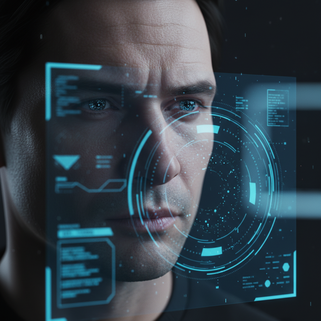 Primer plano de un hombre mirando una interfaz holográfica digital que analiza sus ojos con gráficos y datos técnicos.