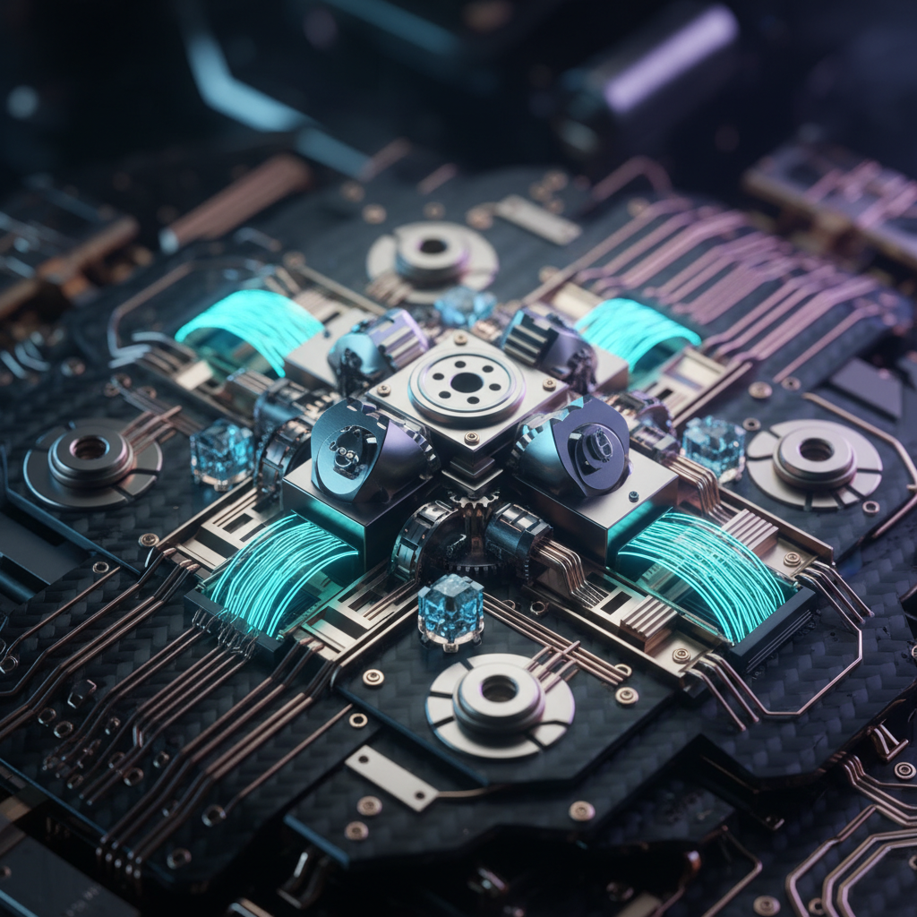 Placa de circuito impreso de alta tecnología con procesador central, componentes metálicos y conexiones de fibra óptica iluminadas en azul.