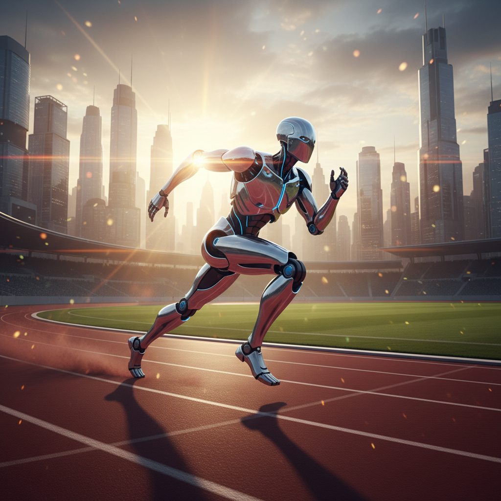 Un robot humanoide de metal corriendo a toda velocidad sobre una pista de atletismo en un estadio con rascacielos de fondo.